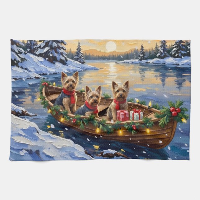 Yorkshire Terrier Christmas Boat Holiday Tea Towel (Horizontal)