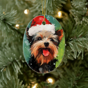 Yorkshire Terrier Christmas brush painting artwork Ceramic Ornament