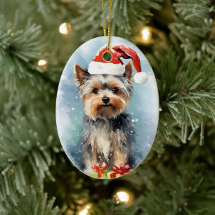 Yorkshire Terrier Christmas brush painting artwork Ceramic Ornament