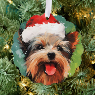 Yorkshire Terrier Christmas brush painting artwork Tree Decoration Card