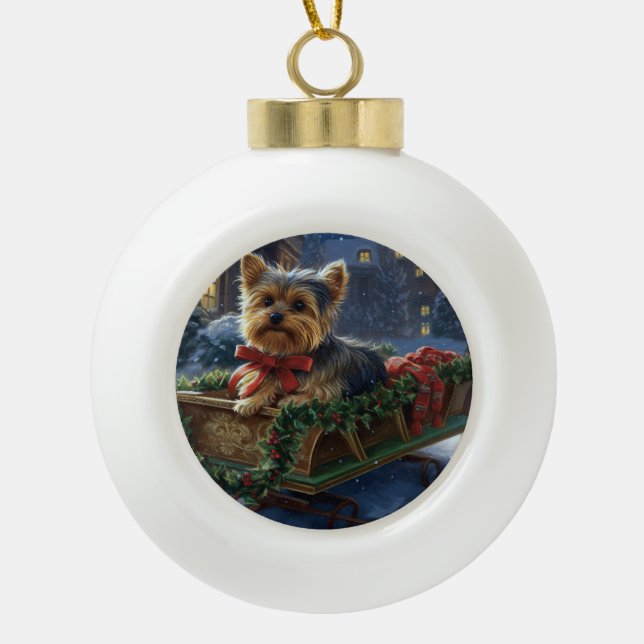 Yorkshire Terrier Christmas Festive Season Ceramic Ball Christmas Ornament (Front)