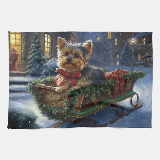 Yorkshire Terrier Christmas Festive Season Tea Towel (Horizontal)