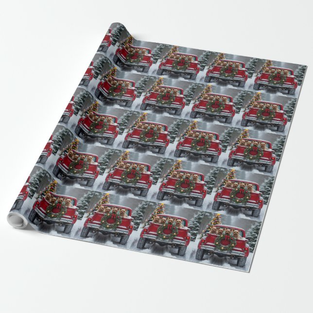 Yorkshire Terrier Christmas Red Truck Holiday Gift Wrapping Paper (Unrolled)