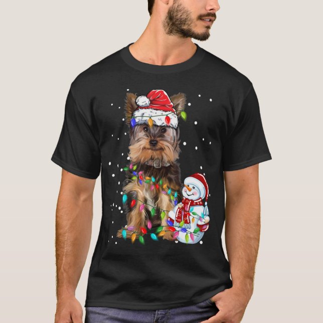 Yorkshire Terrier Christmas Santa Hat Xmas Lights  T-Shirt (Front)