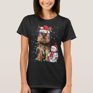 Yorkshire Terrier Christmas Santa Hat Xmas Lights  T-Shirt