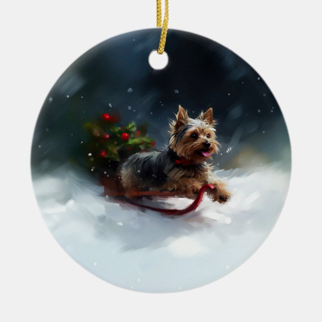 Yorkshire Terrier Christmas snow winter  Ceramic Ornament (Front)