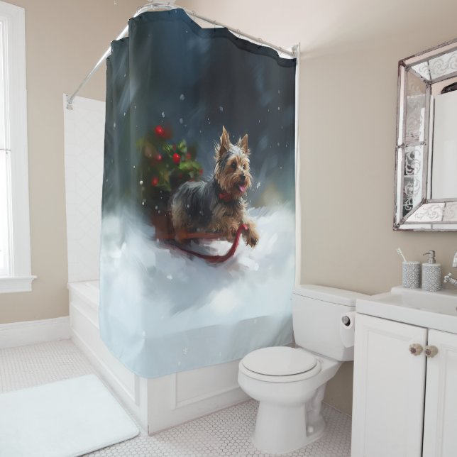 Yorkshire Terrier Christmas snow winter  Shower Curtain (In Situ)