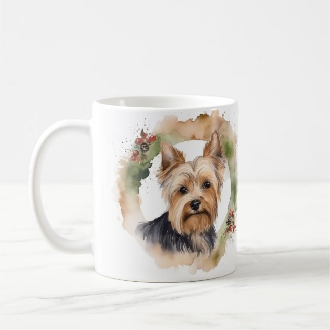 Yorkshire Terrier Christmas Wreath Festive Pup Coffee Mug (Left)