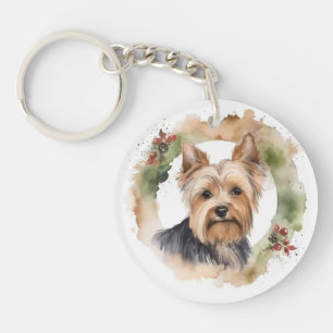 Yorkshire Terrier Christmas Wreath Festive Pup Key Ring