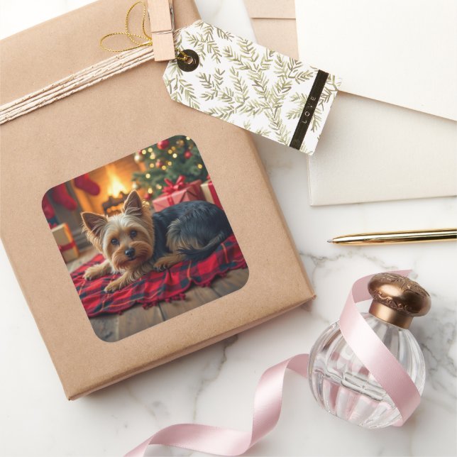 Yorkshire Terrier Cozy Christmas Evening Painting Square Sticker (Gifting)