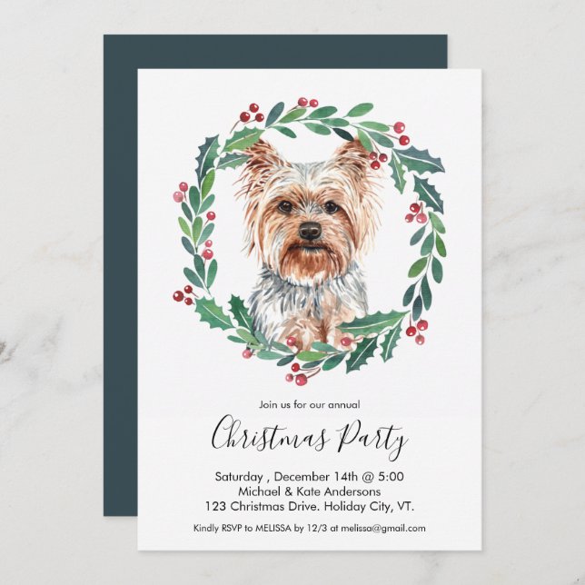 Yorkshire Terrier Cute Dog Elegant Christmas Party Invitation (Front/Back)