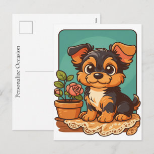 Yorkshire Terrier Cute Puppy Dog Cartoon Portrait Holiday Postcard