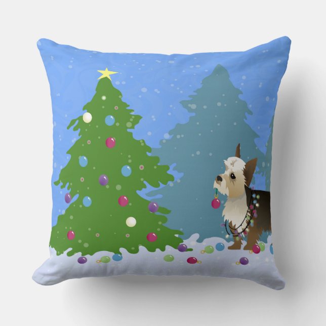 Yorkshire Terrier decorating Christmas Tree-forest Cushion (Front)