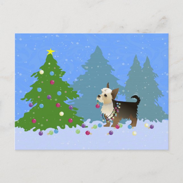 Yorkshire Terrier decorating Christmas Tree-forest Holiday Postcard (Front)