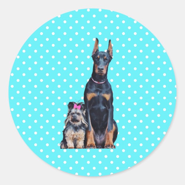 Yorkshire Terrier Doberman Blue Polka Dots Classic Round Sticker (Front)
