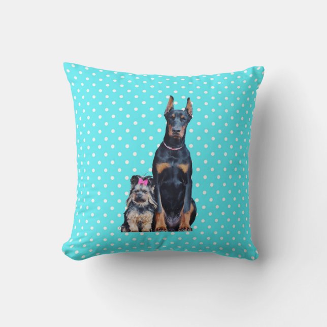 Yorkshire Terrier Doberman Blue Polka Dots Cushion (Front)