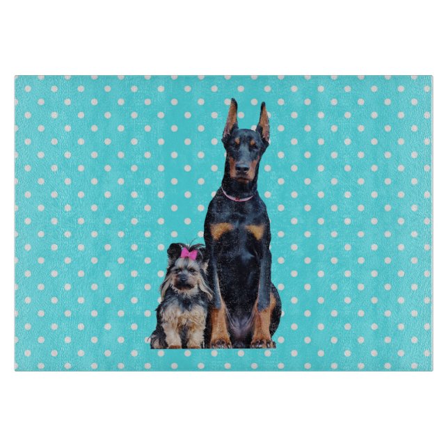 Yorkshire Terrier Doberman Blue Polka Dots Cutting Board (Front)