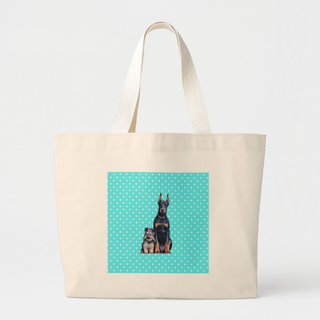 Yorkshire Terrier Doberman Blue Polka Dots Large Tote Bag (Front)