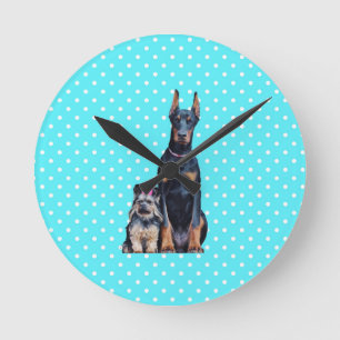 Yorkshire Terrier Doberman Blue Polka Dots Round Clock