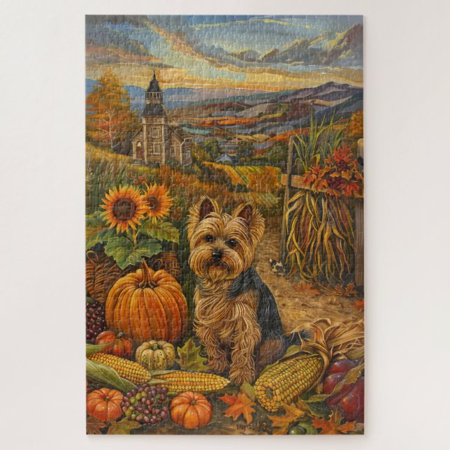 Yorkshire Terrier Dog Autumn Harvest Thanksgiving Jigsaw Puzzle (Vertical)