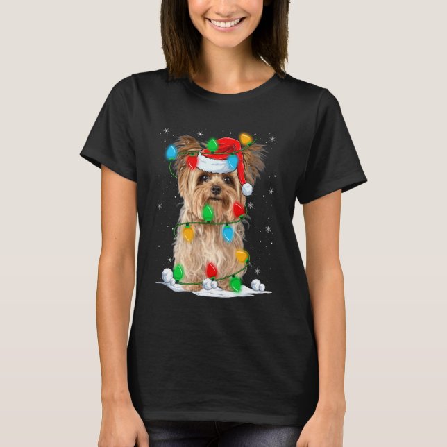 Yorkshire Terrier Dog Christmas Lights Funny Santa T-Shirt (Front)