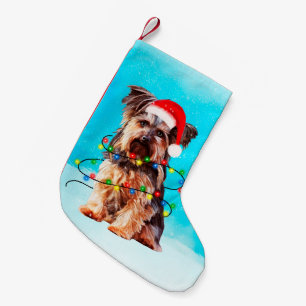 Yorkshire Terrier Dog Christmas Santa Hat Lights Small Christmas Stocking