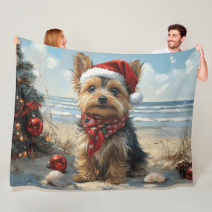 Yorkshire Terrier Dog Christmas Vintage Beach  Fleece Blanket