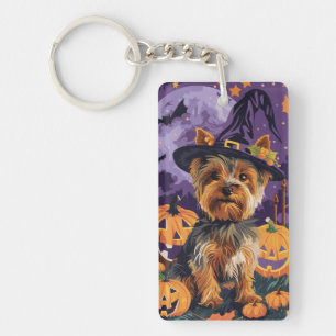 Yorkshire Terrier Dog Halloween Witch And Pumpkin  Key Ring
