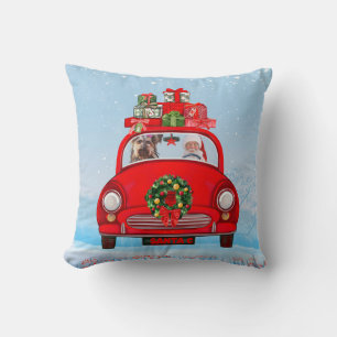 Yorkshire Terrier Dog In Car With Santa Claus Cushion