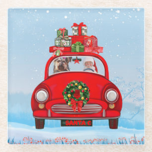 Yorkshire Terrier Dog In Car With Santa Claus Glass Coaster