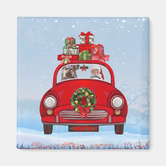 Yorkshire Terrier Dog In Car With Santa Claus Magnet (Front)