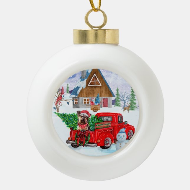 Yorkshire Terrier Dog In Christmas Delivery Truck Ceramic Ball Christmas Ornament (Front)