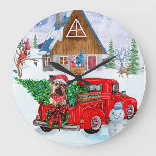 Yorkshire Terrier Dog In Christmas Delivery Truck Large Clock