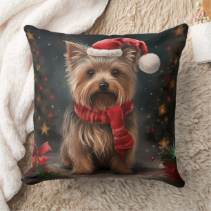 Yorkshire Terrier Dog in Snow Christmas Cushion