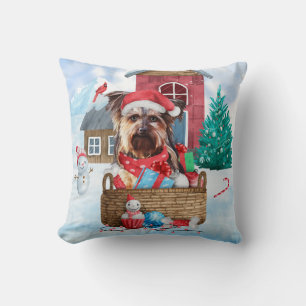 Yorkshire Terrier Dog In snow Christmas Dog House Cushion