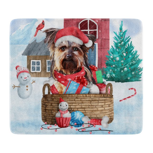 Yorkshire Terrier Dog In snow Christmas Dog House Cutting Board (Front)