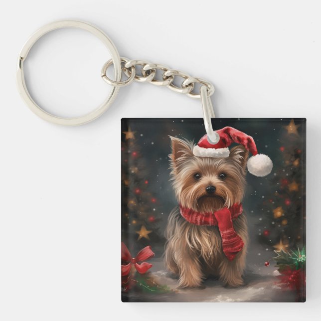 Yorkshire Terrier Dog in Snow Christmas Key Ring (Front)
