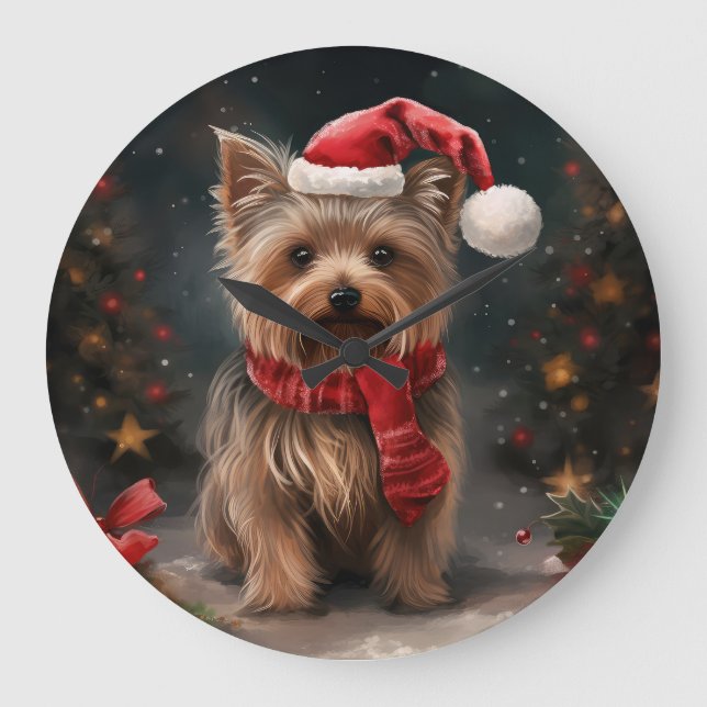 Yorkshire Terrier Dog in Snow Christmas Large Clock (Front)