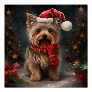 Yorkshire Terrier Dog in Snow Christmas Poster
