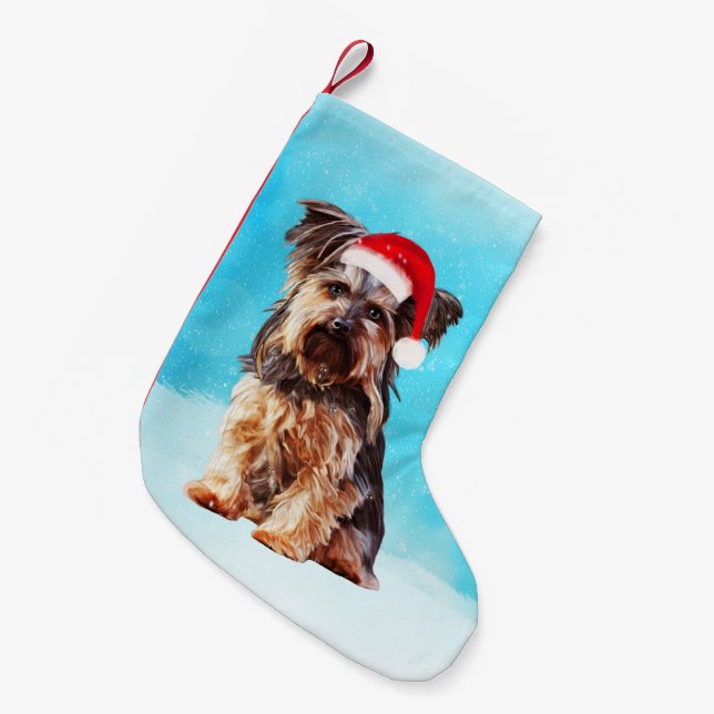 Yorkshire Terrier Dog In Snow Christmas Santa Hat Small Christmas Stocking (Front (Hanging))