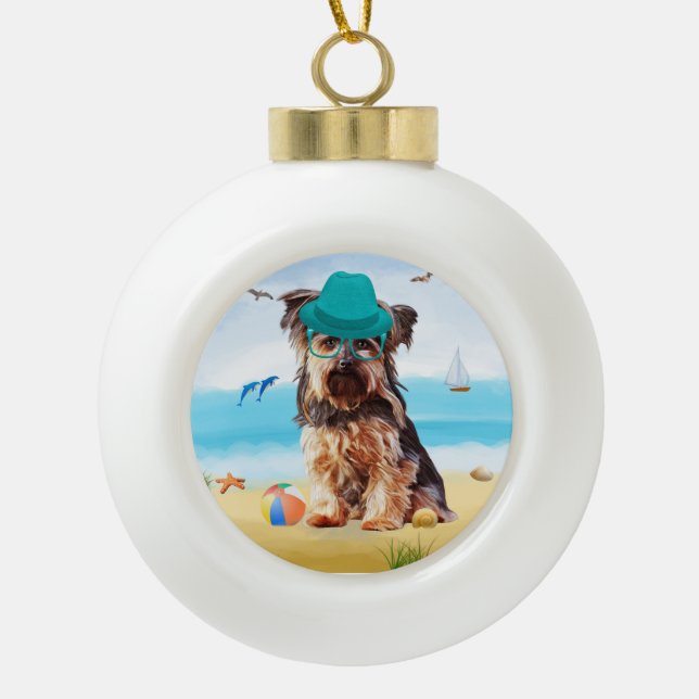 Yorkshire Terrier Dog on Beach  Ceramic Ball Christmas Ornament (Front)