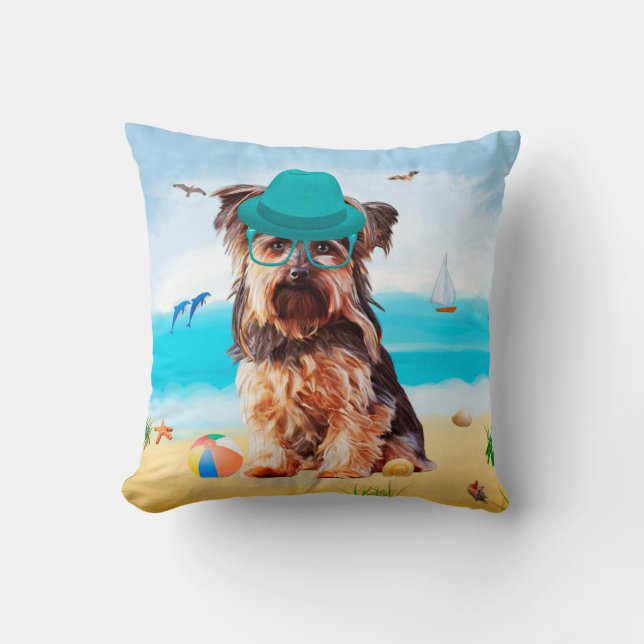 Yorkshire Terrier Dog on Beach  Cushion (Front)