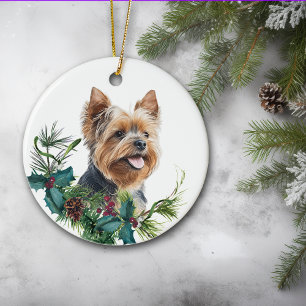 Yorkshire Terrier Dog Portrait Holly Wreath Ceramic Ornament