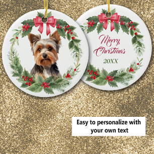 Yorkshire Terrier Dog Red Bow Holly Wreath Ceramic Ornament
