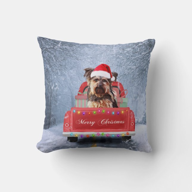  Yorkshire Terrier Dog Snow sitting in Christmas  Cushion (Front)