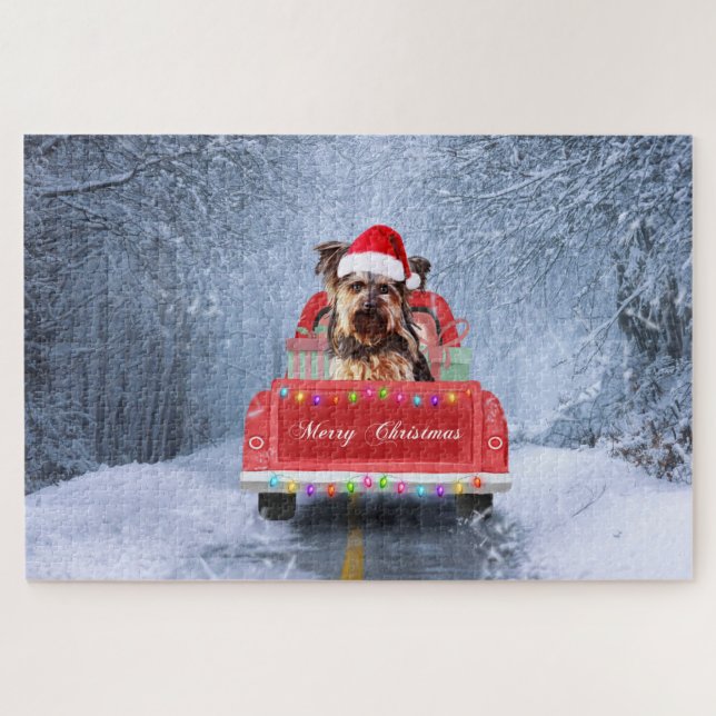  Yorkshire Terrier Dog Snow sitting in Christmas  Jigsaw Puzzle (Horizontal)