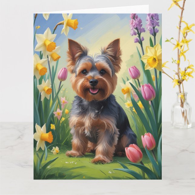 Yorkshire Terrier Dog Spring Flowers Painting  Card (Yellow Flower)
