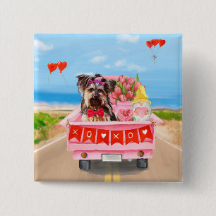 Yorkshire Terrier Dog Valentine's Day Truck Hearts 15 Cm Square Badge