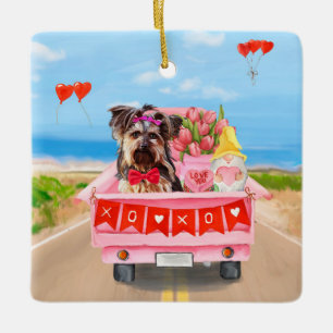 Yorkshire Terrier Dog Valentine's Day Truck Hearts Ceramic Ornament
