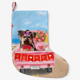 Yorkshire Terrier Dog Valentine's Day Truck Hearts Small Christmas Stocking